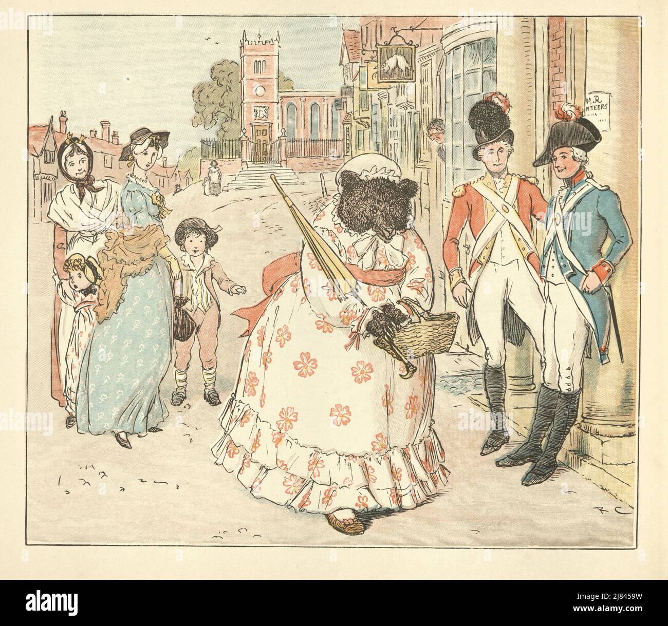 Vintage-Illustration der Szene aus dem Großen Panjandrum selbst, illustriert von Randolph Caldecott. Tragen Sie sich in ein Kleid gekleidet und gehen Sie die Straße entlang Stockfoto