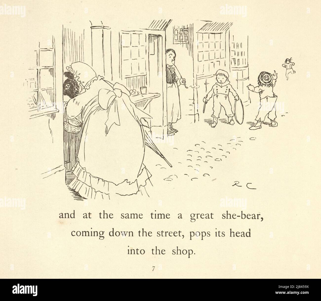 Vintage-Illustration der Szene aus dem Großen Panjandrum selbst, illustriert von Randolph Caldecott. Tragen Sie sich in ein Kleid gekleidet und gehen Sie die Straße entlang Stockfoto
