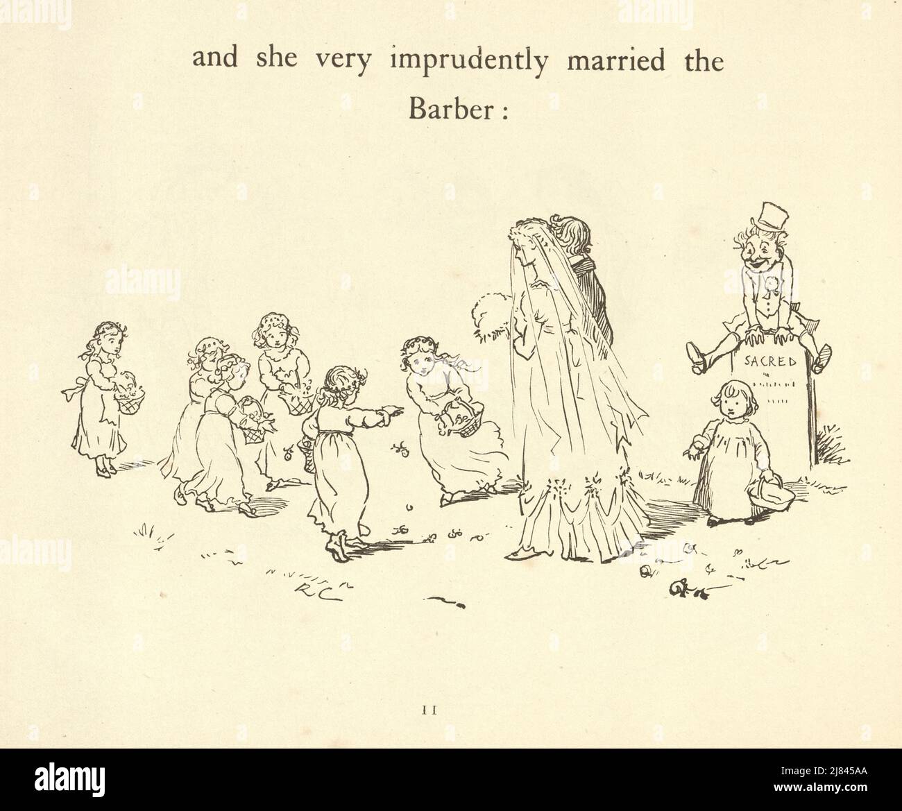 Vintage-Illustration der Szene aus dem Großen Panjandrum selbst, illustriert von Randolph Caldecott. Sie heiratete den Barber sehr unvorsichtig Stockfoto