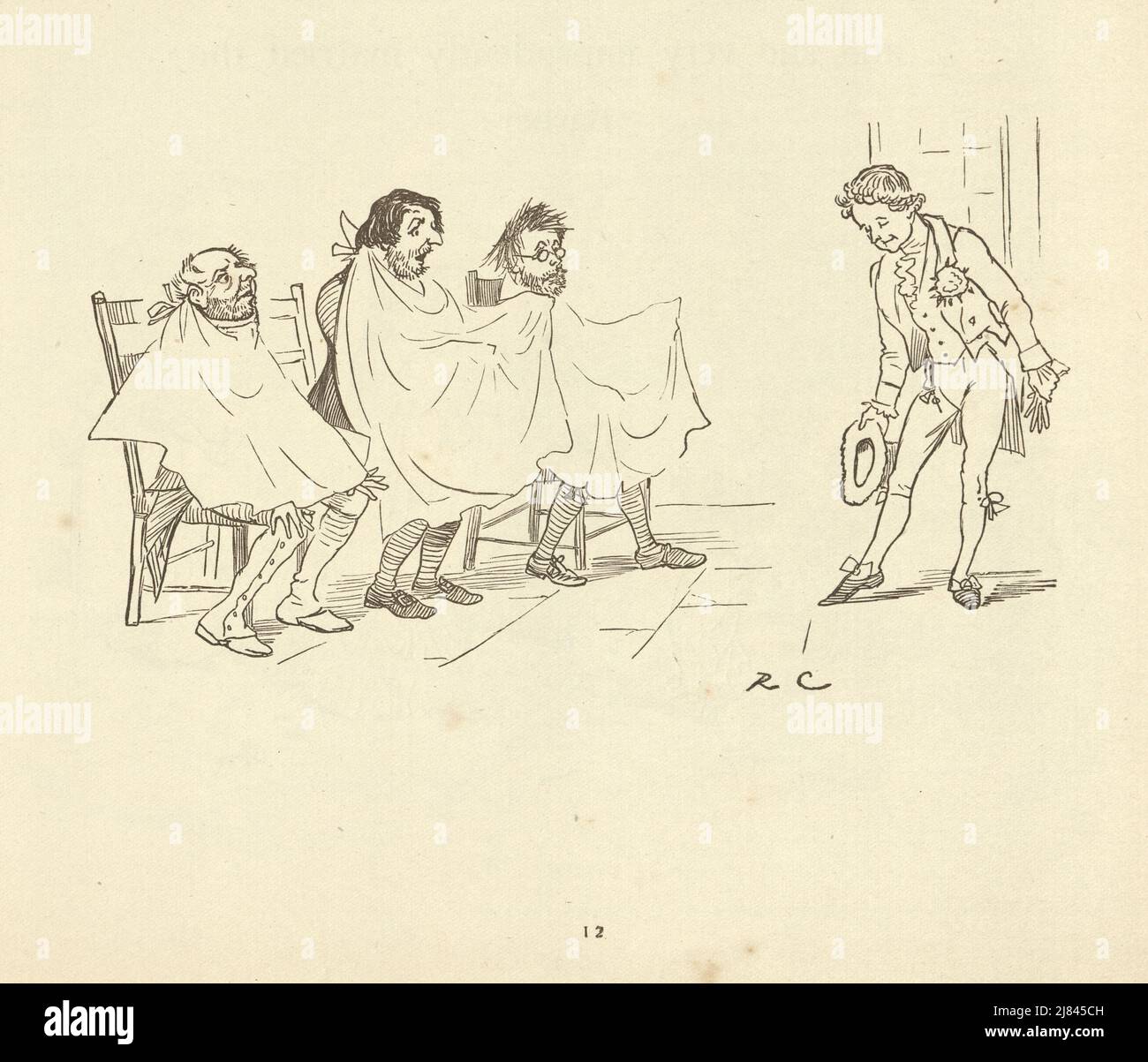 Vintage-Illustration der Szene aus dem Großen Panjandrum selbst, illustriert von Randolph Caldecott. Mann, der sich vor Männern verbeugt, die darauf warten, rasiert zu werden, viktorianischer Cartoon Stockfoto
