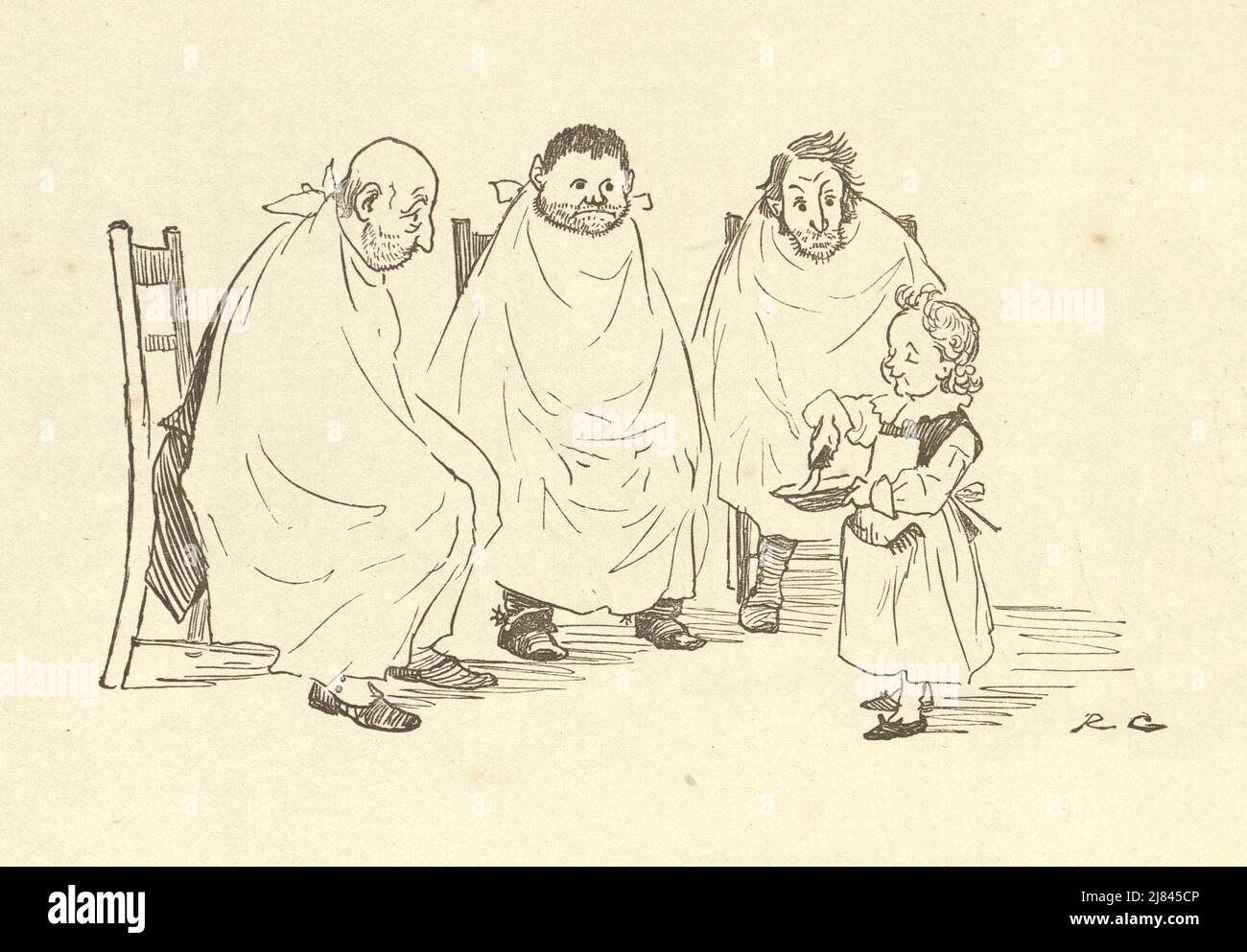 Vintage-Illustration der Szene aus dem Großen Panjandrum selbst, illustriert von Randolph Caldecott. Männer warten darauf, von einem kleinen Mädchen rasiert werden, viktorianischen Cartoon Stockfoto