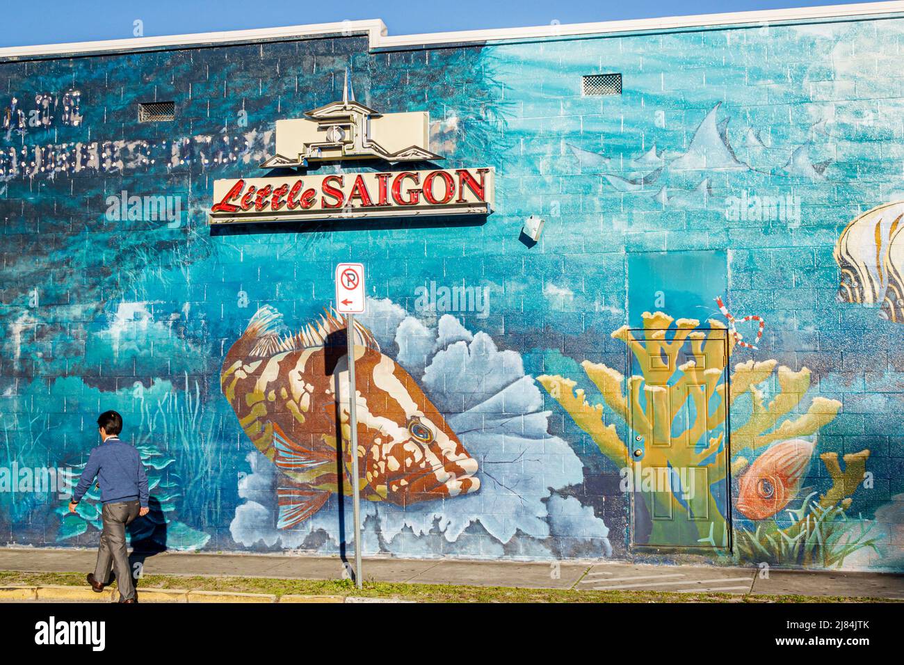 Orlando Florida, East Colonial Drive, Little Saigon, asiatische Mann Wandbild Wand Gebäude ethnischen Nachbarschaft Stockfoto