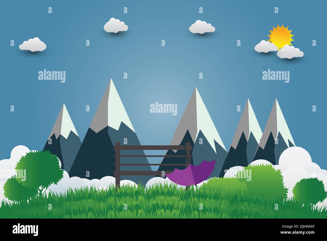 Sonnenschirme und Stuhl, Berge mit schönen Sonnenuntergängen über den Wolken, Vektor-Illustration Stock Vektor