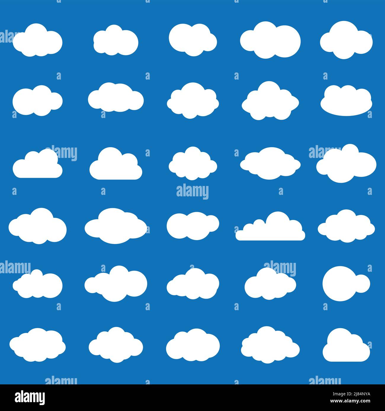 Wolkenvektor-Symbol Weiß auf blauem Hintergrund einstellen. Sky Flat Illustration Kollektion für Web, Vector llustration Stock Vektor