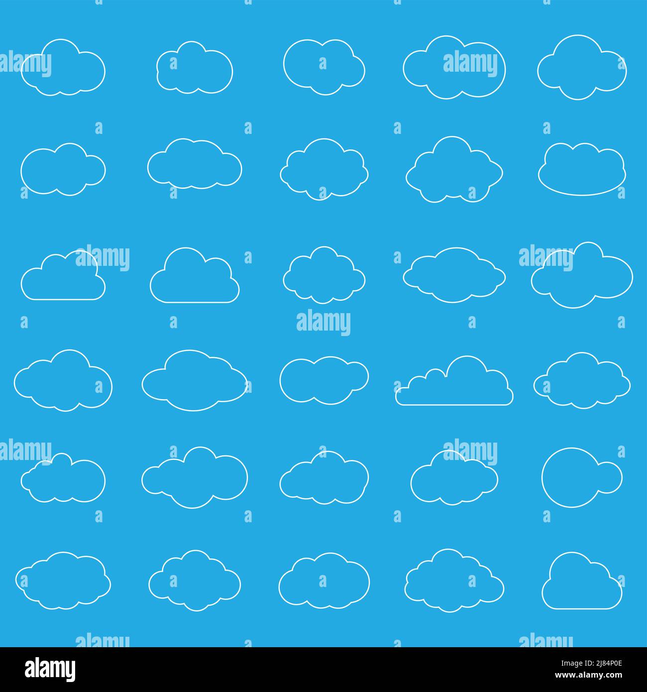 Wolkenvektor-Symbol Weiß auf blauem Hintergrund einstellen. Sky Flat Illustration Kollektion für Web, Vector llustration Stock Vektor