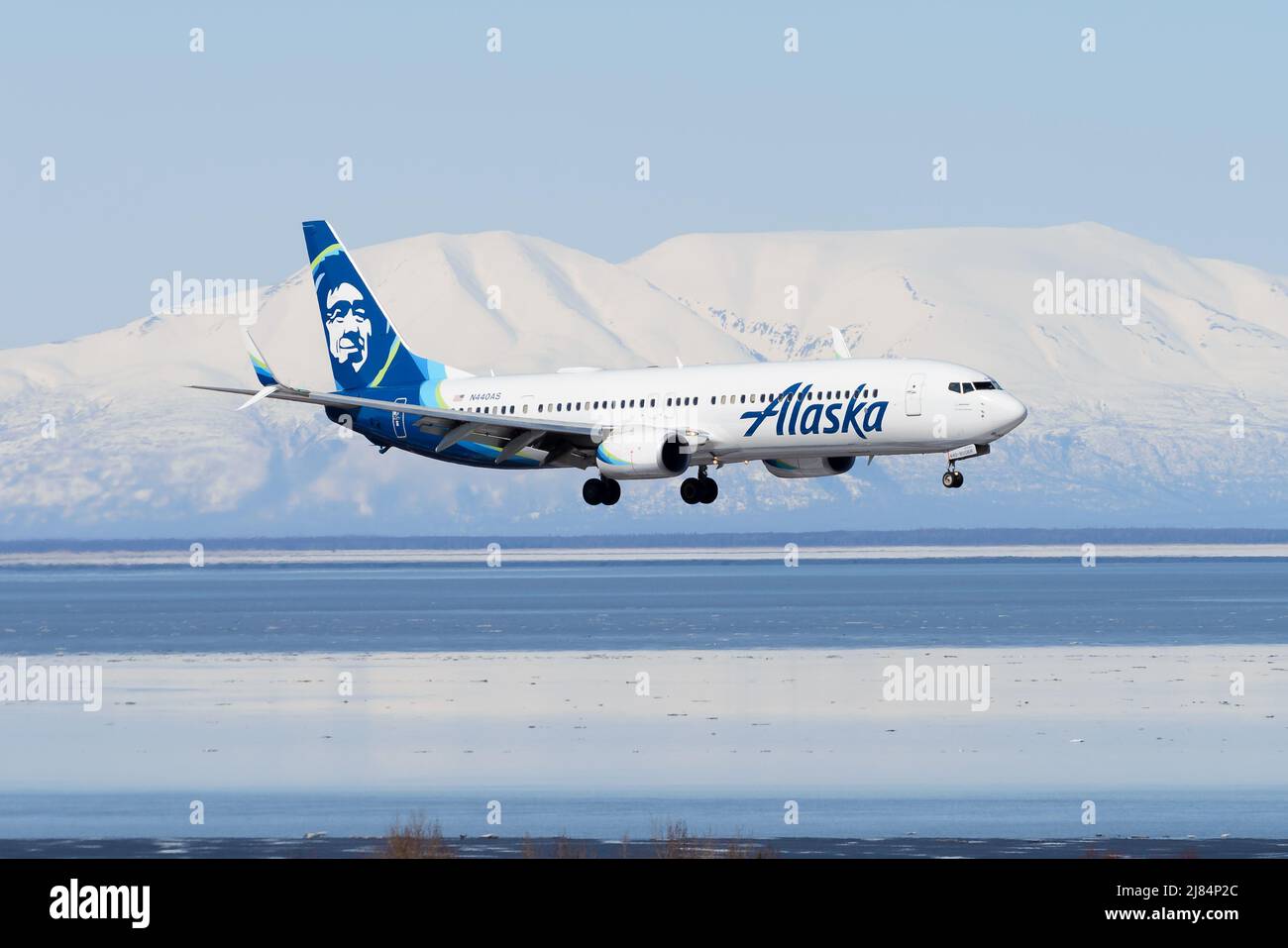 Alaska Airlines Boeing 737-900 landet am Flughafen Anchorage, Alaska, USA. Boeing 737 von Alaska Airlines. Schneebedeckter Berg dahinter. Stockfoto