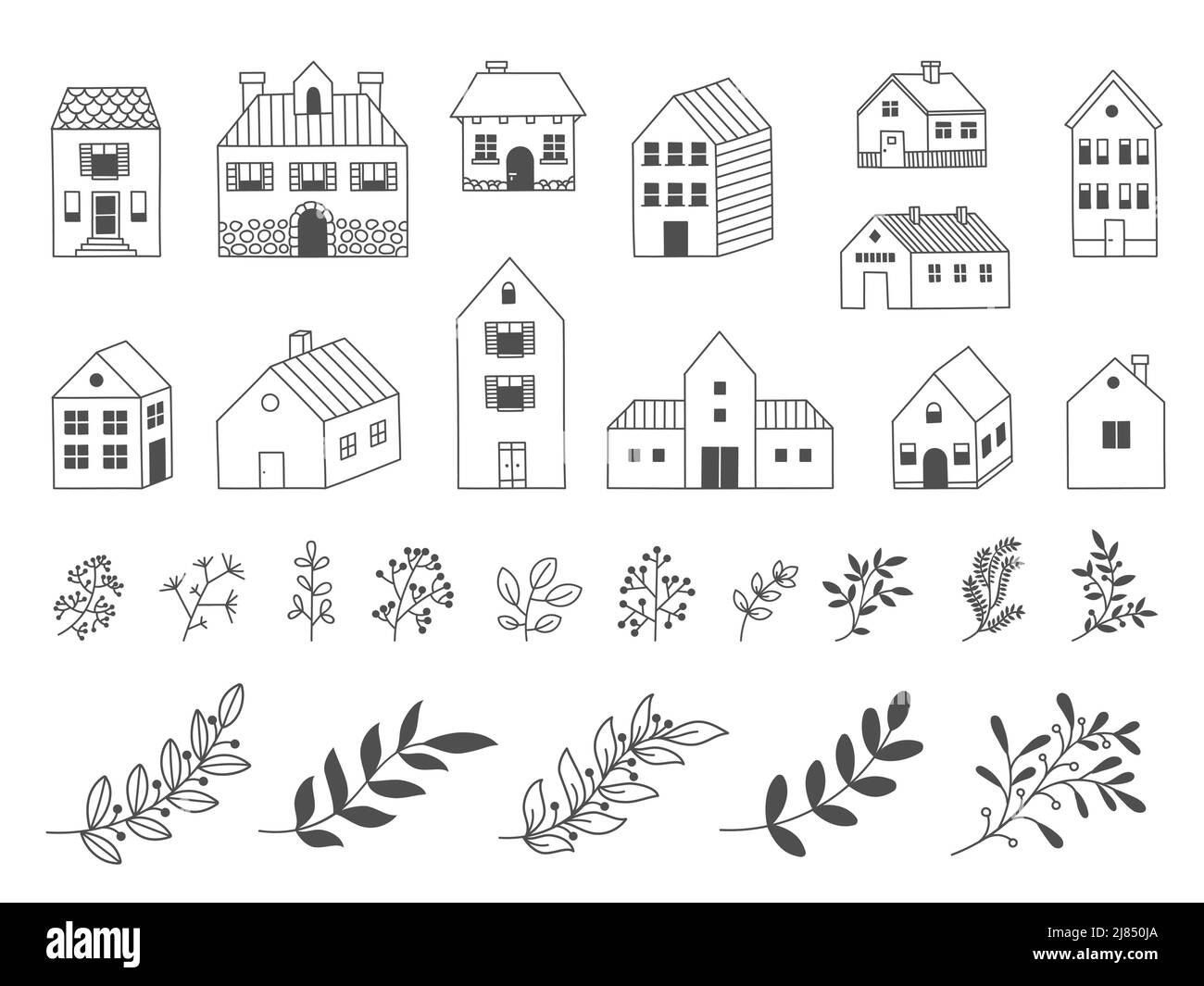 Doodle Gartenhaus. Handgezeichnetes ländliches Holzgebäude mit floristischen dekorativen Elementen, Blumen Blätter Gras. Vector Country Cabin isolierter Satz Stock Vektor