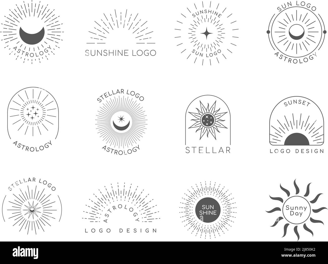 Sonnenemblem. Linear starburst Business-Logo, Boho dekorative Banner-Vorlage. Vektor-isolierter Satz Stock Vektor