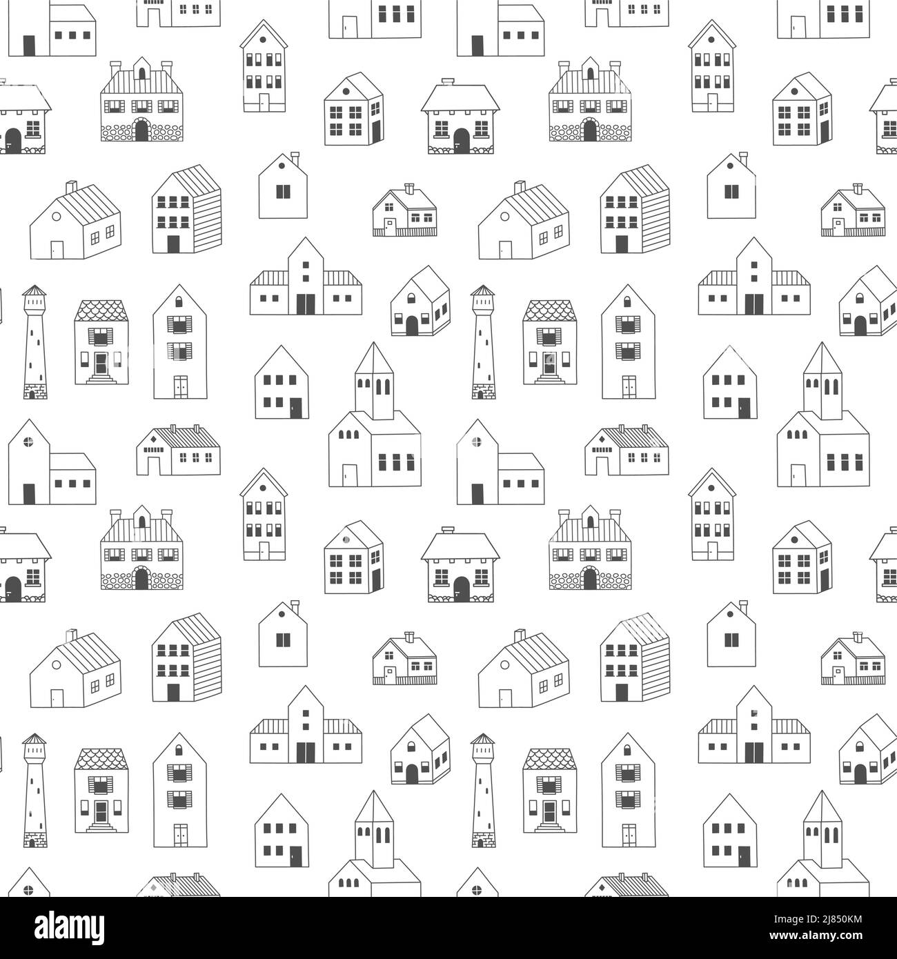 Doodle Häuser Muster. Nahtloser Druck von niedlichen skandinavischen minimalistischen Cottage, ländlichen Bauernhof Gebäude. Vektor von Hand gezeichnete Textur Stock Vektor