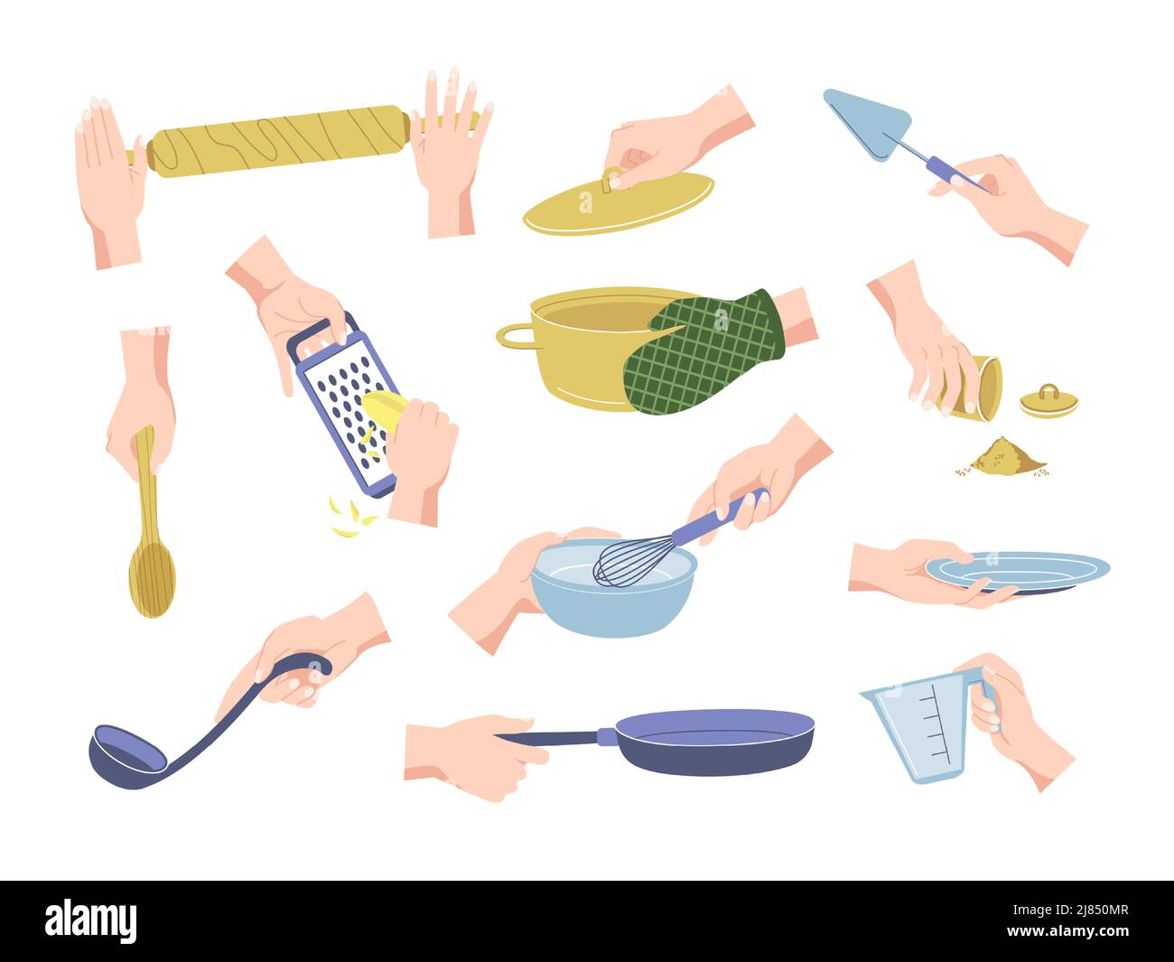 Gargaren von Speisen mit Armen. Vorbereitung mit weiblichen Händen halten Küchenzubehör und Utensilien. Vector Geschirr und Küchengeräte Set Stock Vektor