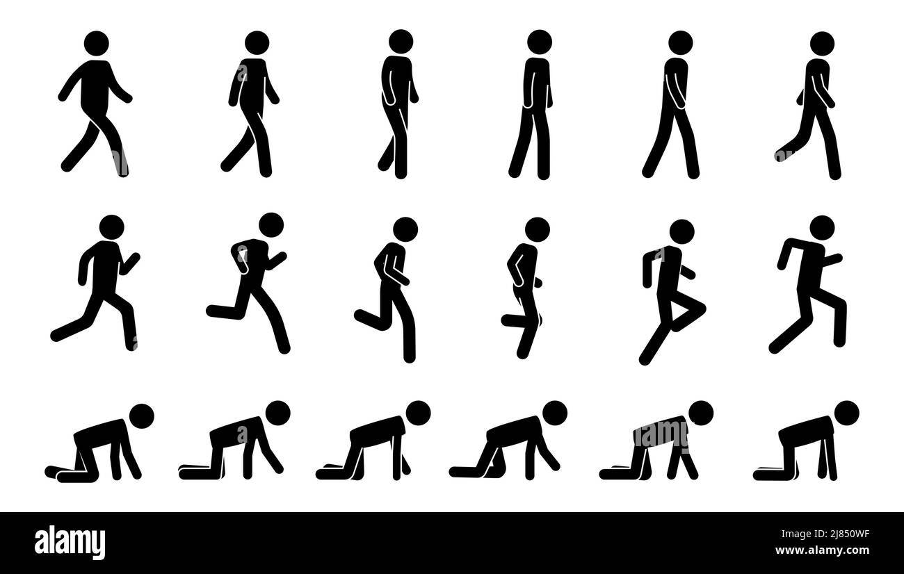 Stock man Walk. Schwarzes Trickset mit Walking Running und Crawling einfachen menschlichen Silhouette Ikonen. Vector Fußgänger Lauf- und Gehreihenfolge Stock Vektor