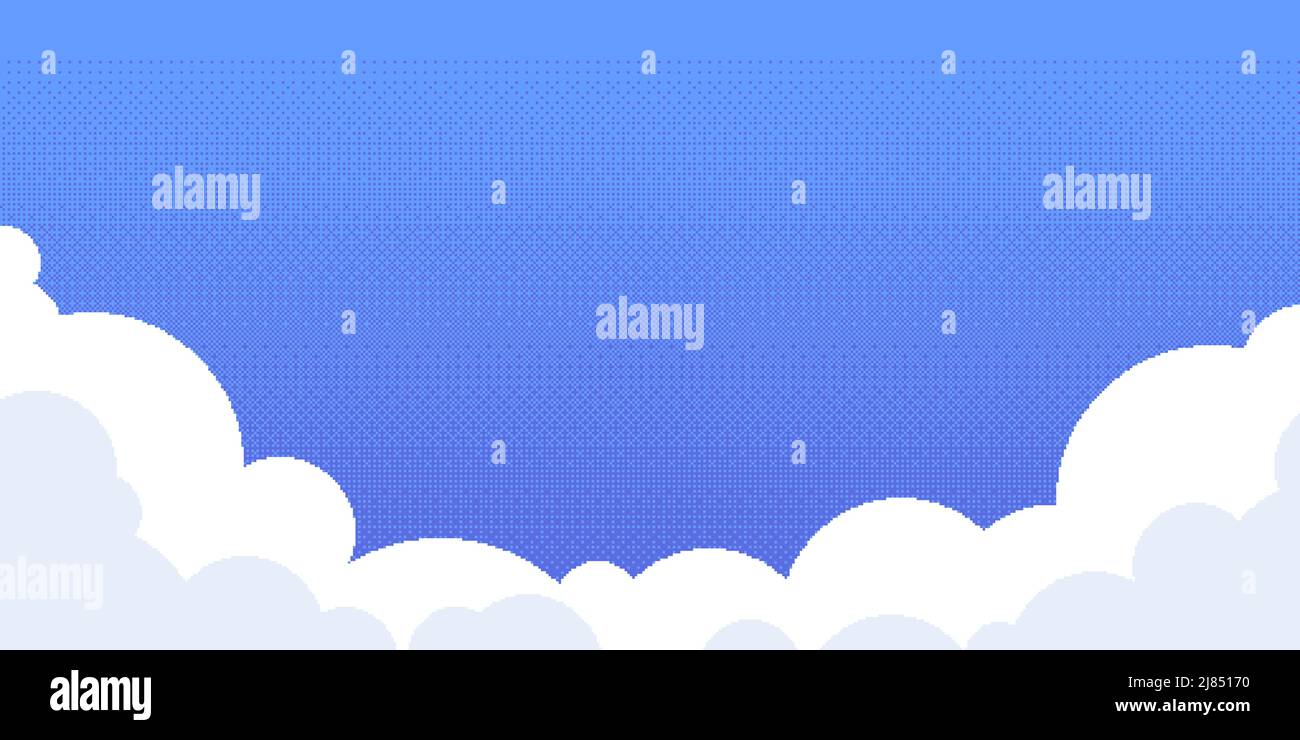 Pixelhimmel mit Wolken. Retro-Videospiel abstrakten blauen Hintergrund mit weißen 8-Bit-Wolken, digitale Konzeptkunst. Vektor-Illustration Stock Vektor