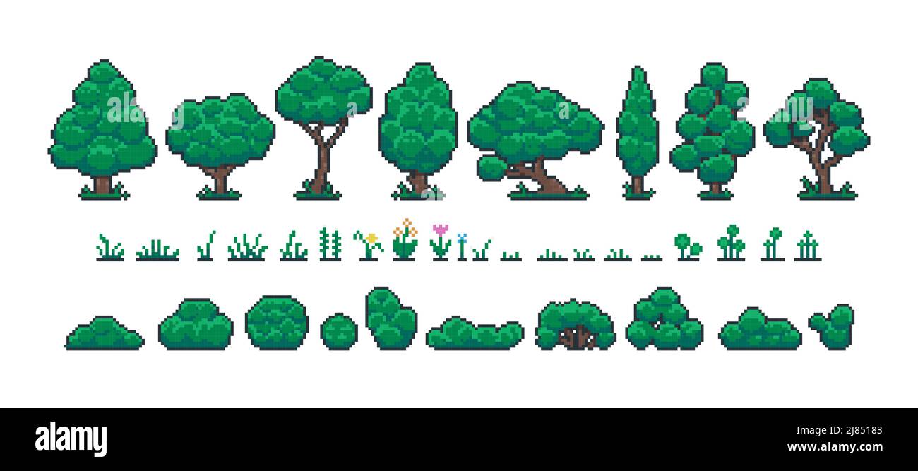 Pixelgesamtstruktur festgelegt. Retro 8 Bit Videospiel UI Elemente, Bäume Büsche und Gras Sprite Asset, Hintergrund Landschaft Objekte. Vektor-isolierte Sammlung Stock Vektor