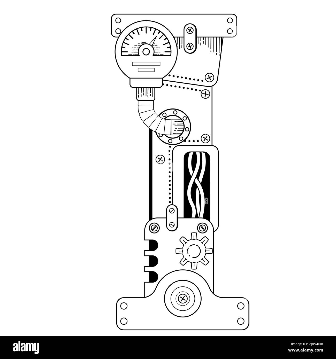 Vektor Bild für Erwachsene. Steampunk Kyrillischer Buchstabe. Mechanisches Alphabet aus Metallzahnrädern und verschiedenen Details auf weißem Hintergrund Stock Vektor