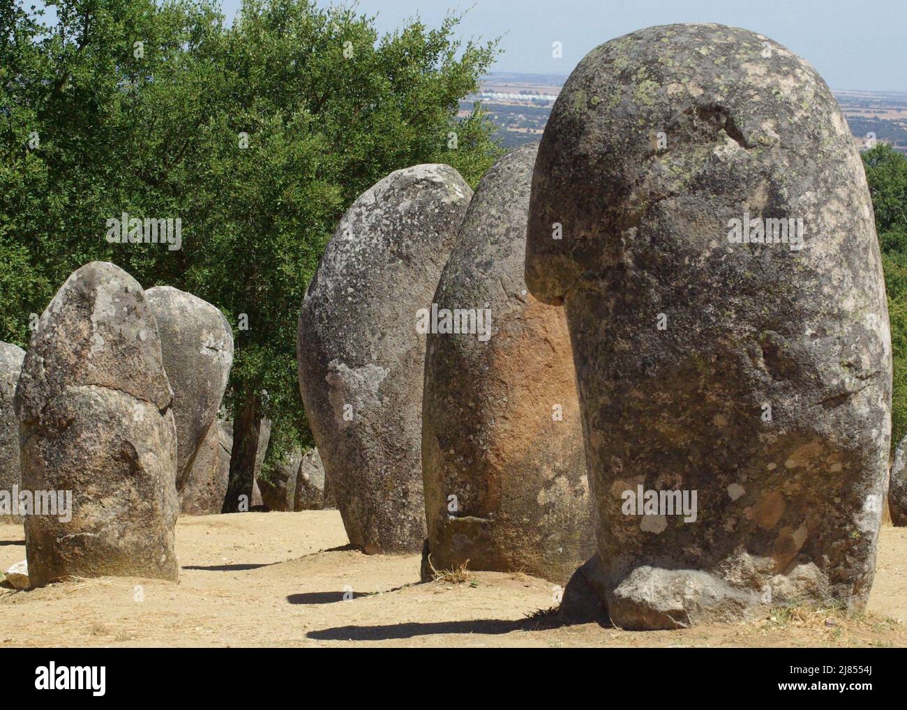 Lange Reihen von stehenden Steinmegalithen an neolithischer Stelle im Süden Portugals werfen Schatten in der Spätsommersonne. Stockfoto