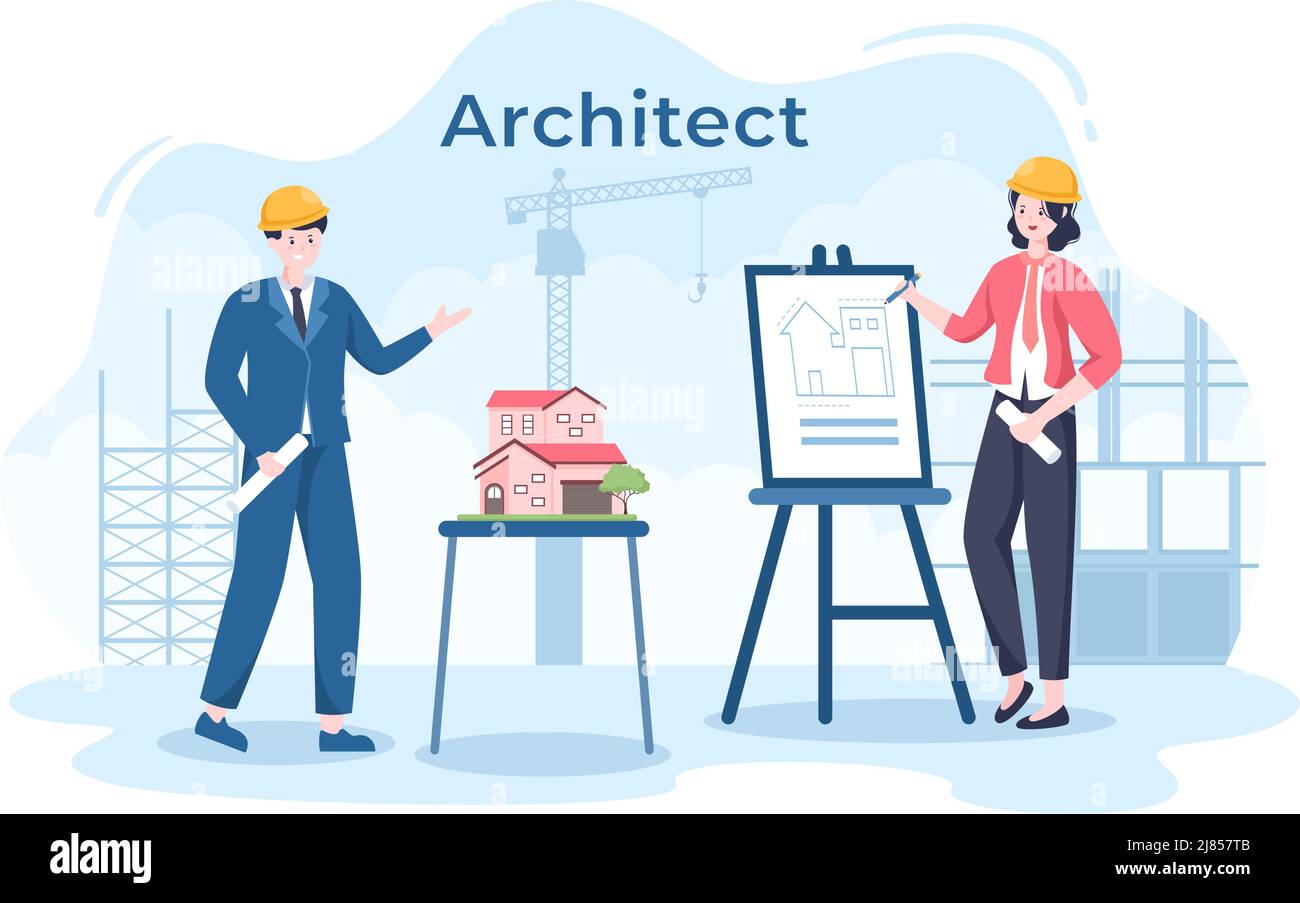 Cartoon-Illustration für Architekten oder Ingenieure mit einer Mehrzweck-Bretttabelle zum Skizzieren von Gebäudekonstruktionen und Projektminiaturen Stock Vektor