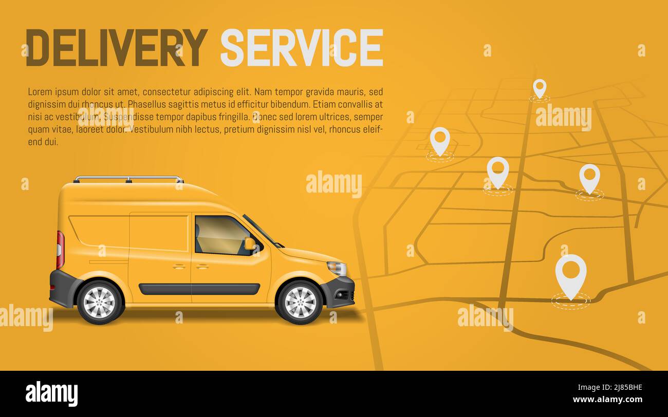 Schnelle Lieferung Paket von van auf gelbem Hintergrund mit Straßenkarte. Vektor-Illustration für Online-Bestellungen und Tracking-Service-Konzepte Stock Vektor