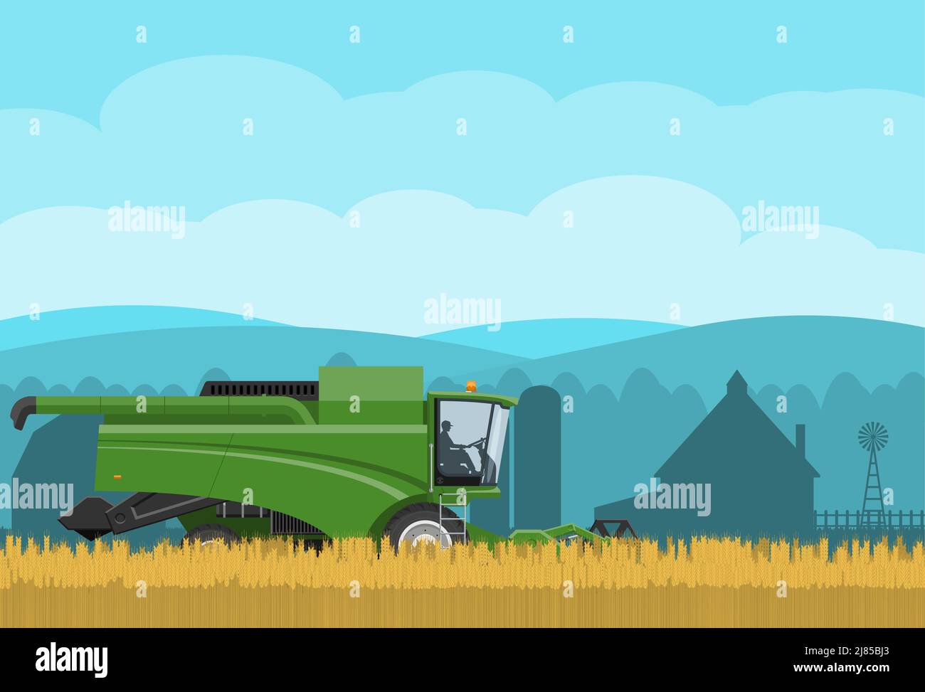 Mähdrescher arbeitet an der Ernte von Weizen. Vektorbild einer Landschaft mit landwirtschaftlichen Maschinen und Dorf Stock Vektor