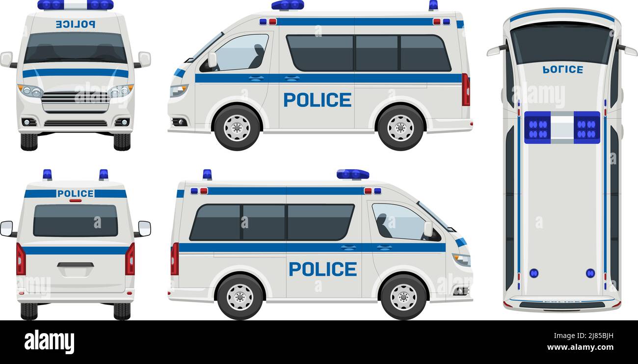 Polizei Auto Vektor-Vorlage mit einfachen Farben ohne Verläufe und Effekte. Ansicht von der Seite, vorne, hinten und oben Stock Vektor