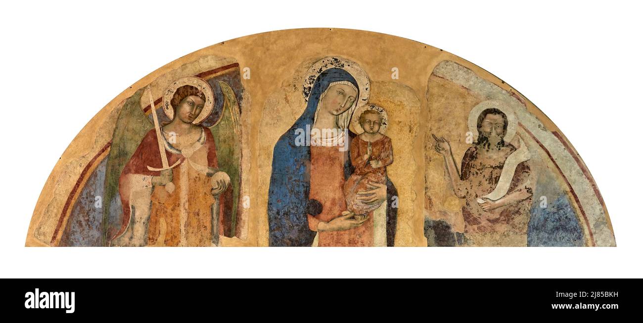 Madonna col Bambino tra S. Michele Arcangelo e S. Giovanni Battista - affresco - compagno di Lippo Menni - secondo Quarto del XIV secolo - San Gimig Stockfoto