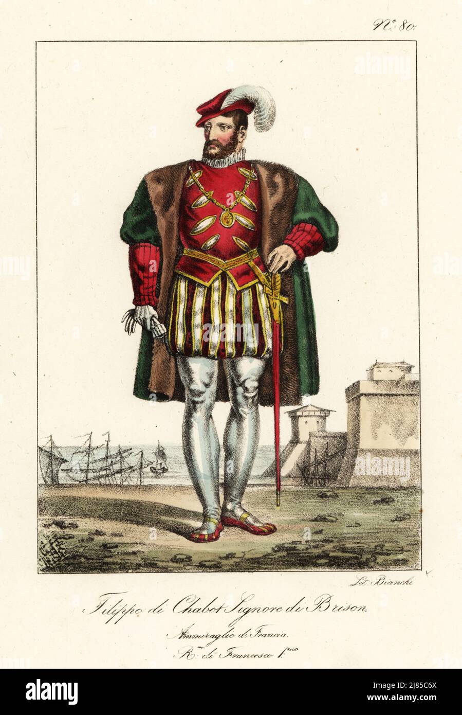 Philippe de Chabot, Admiral de Brion, Graf von Charny und Buzançois, c. 1492-1543, Admiral von Frankreich unter Franz I. in geflemmter Mütze, Pelzmantel, gestricheltem Doppelstück, Schlauch, Hofschwert. Philippe de Chabot, Seigneur de Brion. Amiral de France, Regne de Francois I. handkolorierte Lithographie von Lorenzo Bianchi nach Hippolyte Lecomte aus Costumi civili e militari della monarchia francese dal 1200 al 1820, Neapel, 1825. Italienische Ausgabe von Lecomtes zivilen und militärischen Kostümen der französischen Monarchie von 1200 bis 1820. Stockfoto