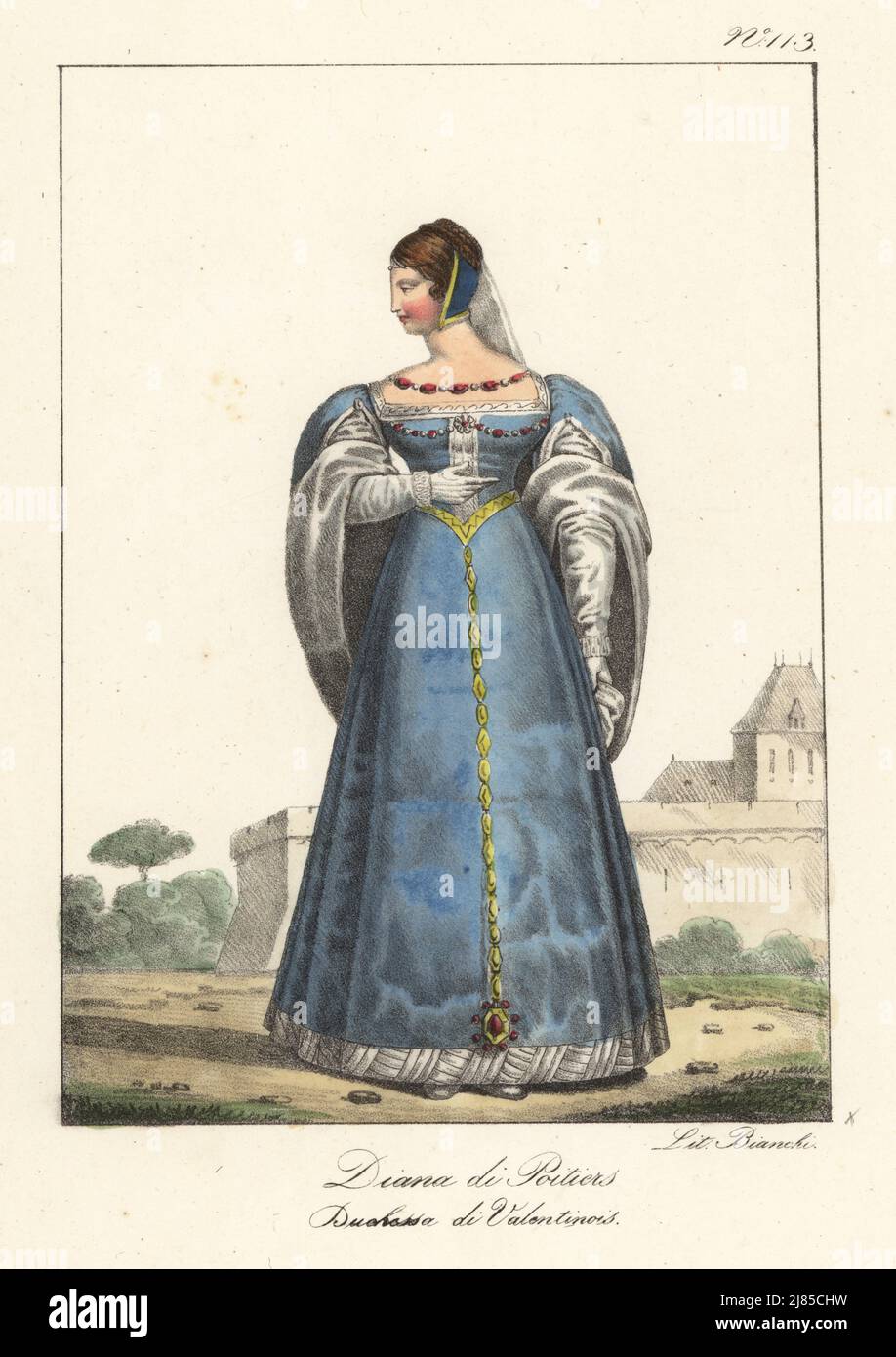 Diane von Poitiers, Herzogin von Valentinois und Étampes, Geliebte König Heinrichs II. Von Frankreich, 1500-1566. Im Kopfschmuck mit Schleier, Kleid mit vollen Ärmeln, Fell gefüttert, Mieder mit Perlen, Goldgürtel, bestickter Saum. Diane de Poitiers. Duchesse de Valentinois. Handkolorierte Lithographie von Lorenzo Bianchi nach Hippolyte Lecomte aus Costumi civili e militari della monarchia francese dal 1200 al 1820, Neapel, 1825. Italienische Ausgabe von Lecomtes zivilen und militärischen Kostümen der französischen Monarchie von 1200 bis 1820. Stockfoto