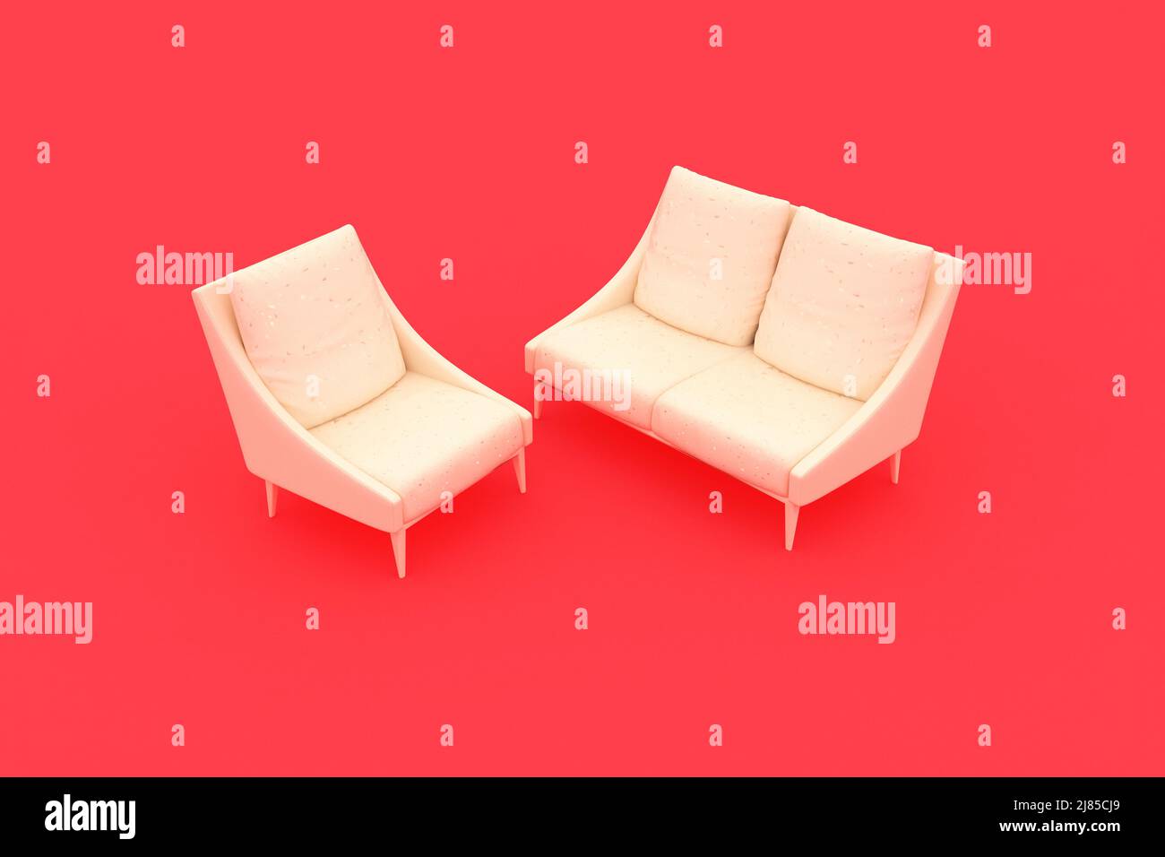 Roter Hintergrund, einfarbige Innenszene mit einem hellen Sofa in der Szene. 3D Rendern. Stockfoto