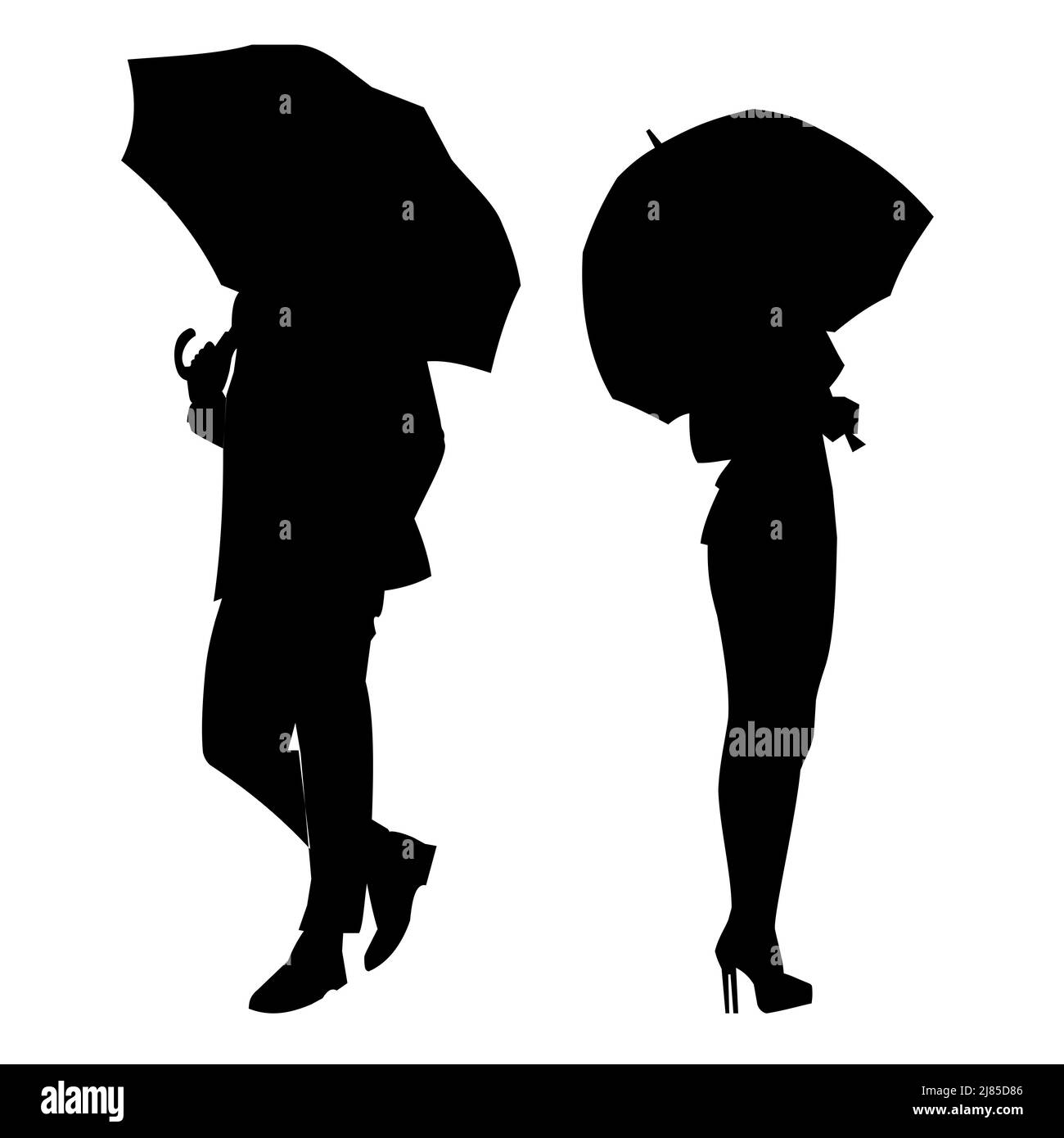 Schwarze grafische Silhouetten eines Mannes und einer Frau mit Regenschirmen, Grafiken, Umrisszeichnung Stockfoto