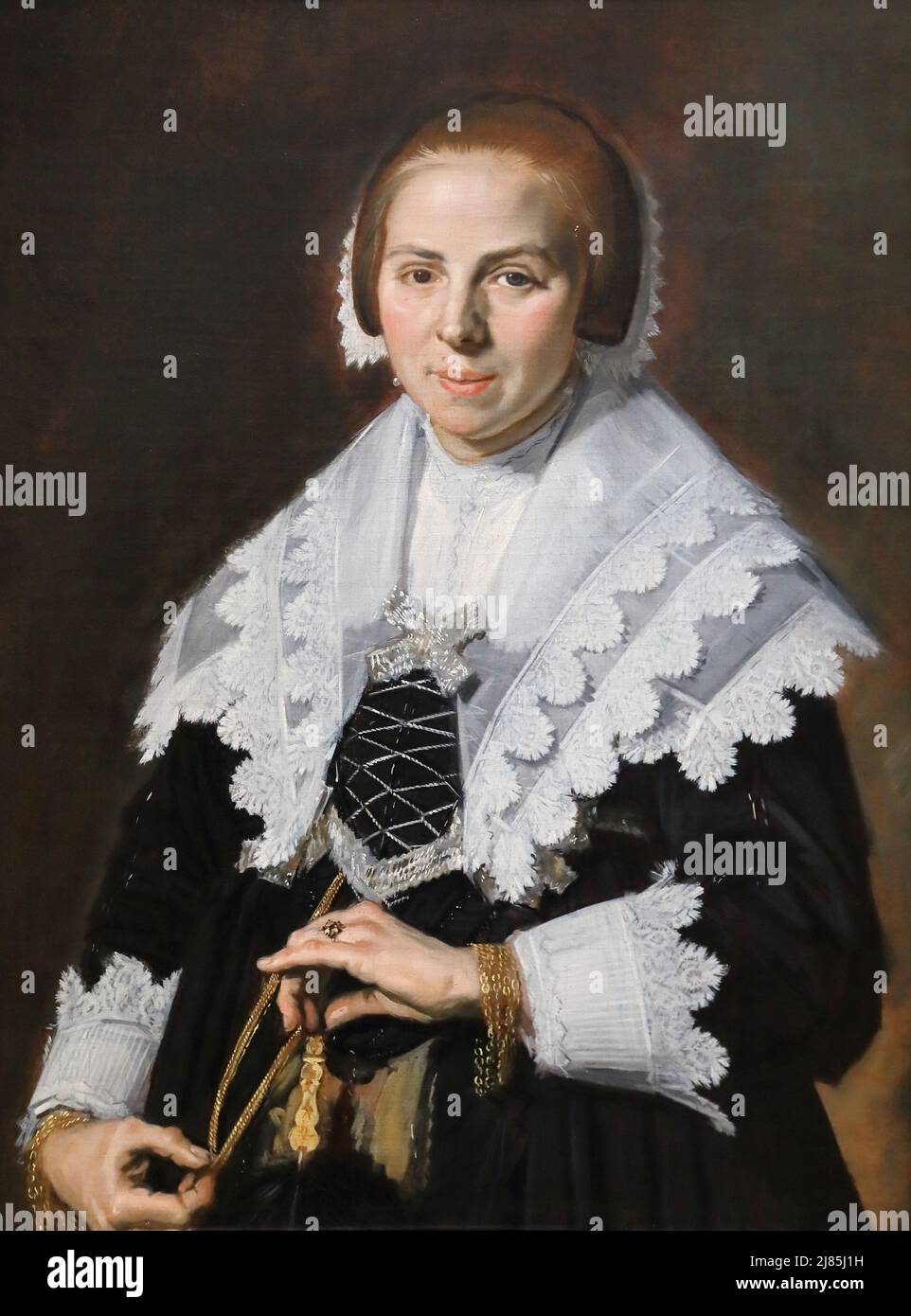 Porträt einer Frau mit einem Fan vom niederländischen Maler des Goldenen Zeitalters Frans Hals in der National Gallery, London, Großbritannien Stockfoto