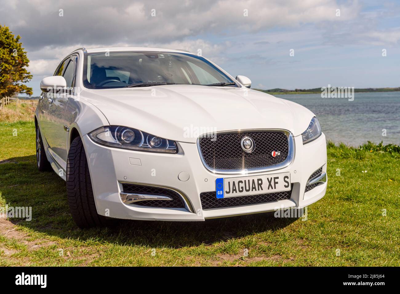Weißer Jaguar XF-S Sportbrake-Hochleistungswagen. 3,0d, 275bhp. Stockfoto