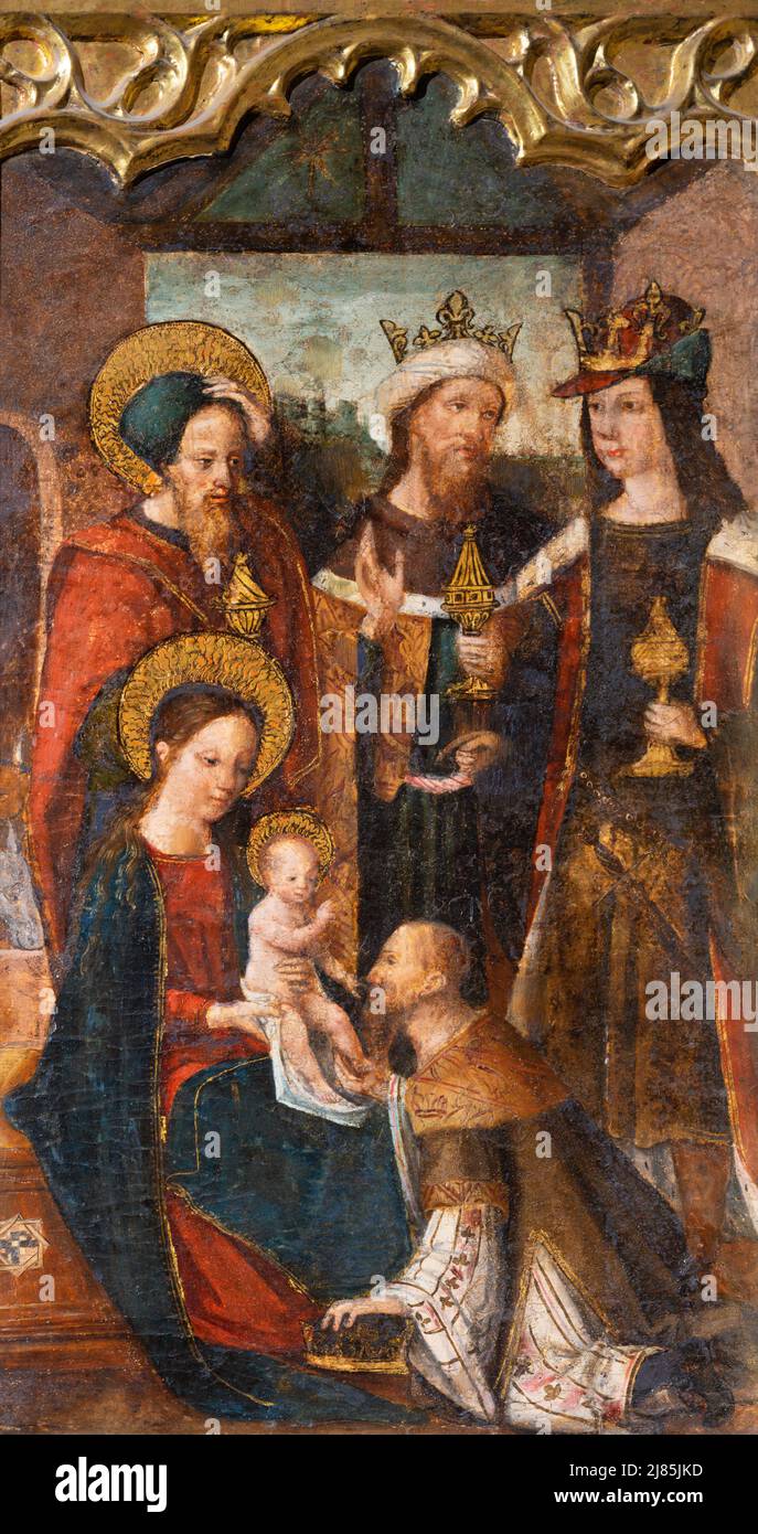 VALENCIA, SPANIEN - 14. FEBRUAR 2022: Das Gemälde der Anbetung der Könige auf dem Seitenaltar in der Kathedrale von Vicente Macip von Ende 15. Stockfoto