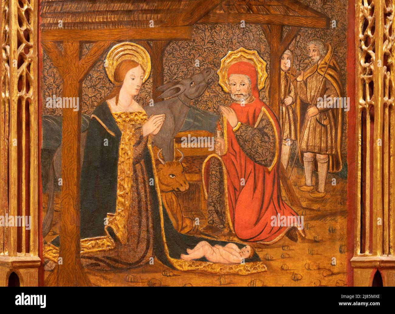 VALENCIA, SPANIEN - 14. FEBRUAR 2022: Das Gemälde der Geburt Christi als Teil des Altars in der Kirche Iglesia San Juan del Hospital von einem unbekannten Künstler Stockfoto