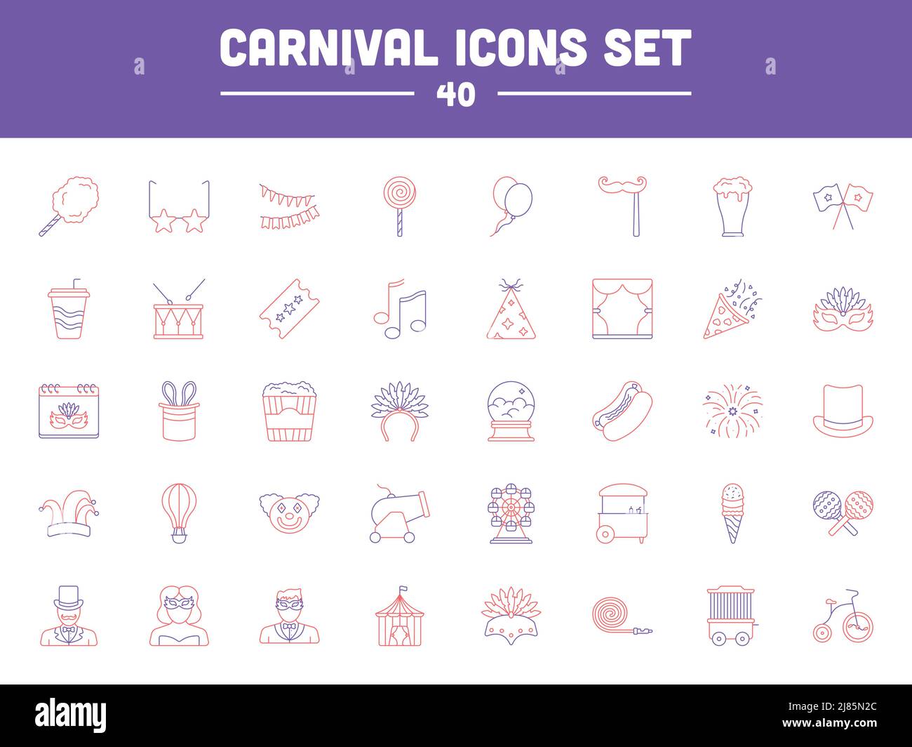 Rote Und Violette Karnevalslinie Art Icon Set. Stock Vektor