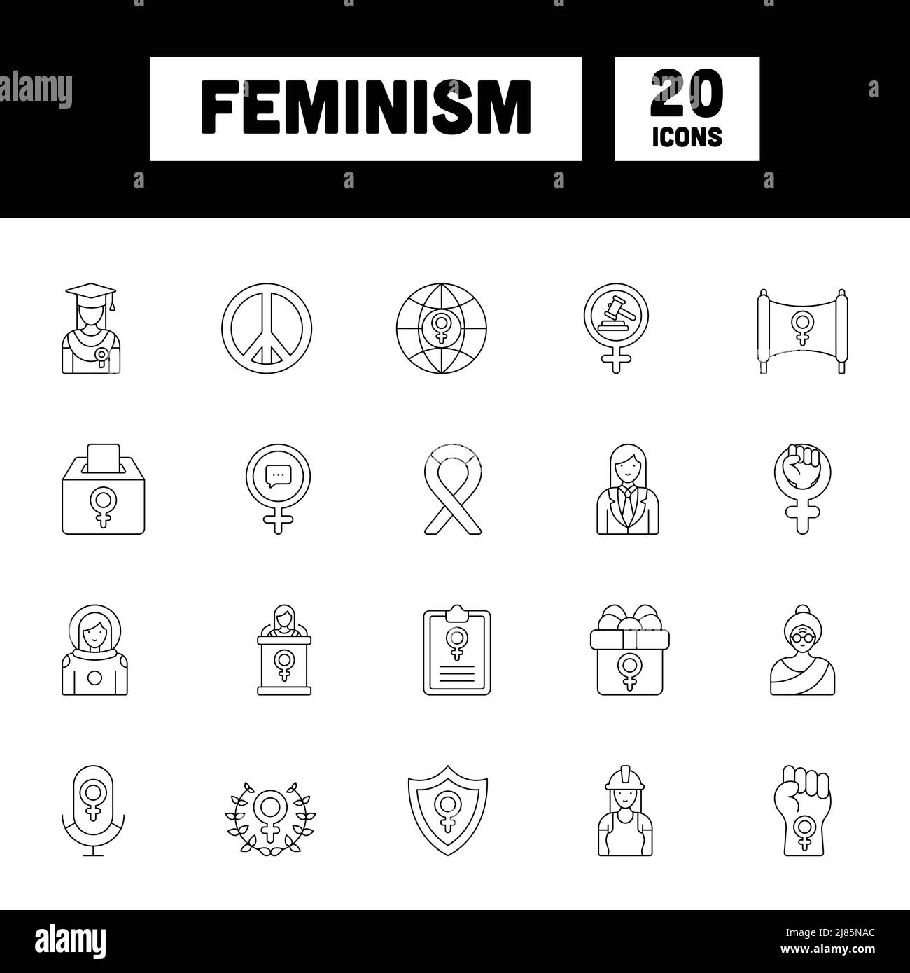 Black Line Art Set Mit Feministischen Ikonen Oder Symbolen. Stock Vektor