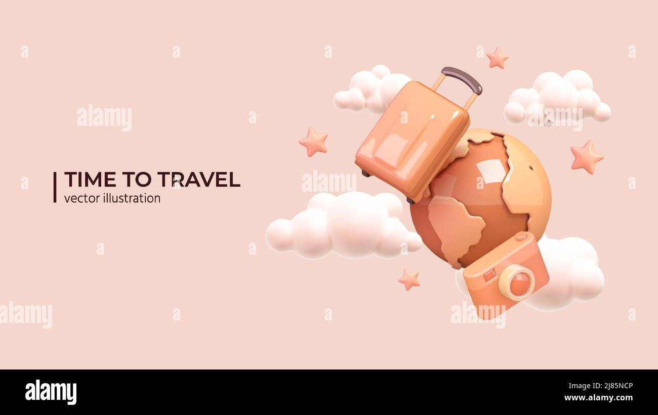 Gepäck, Planet und Fotokamera mit Wolken und Sternen. Reise kreatives Konzept im realistischen 3D Cartoon Minimal Style. Vektorgrafik Stock Vektor