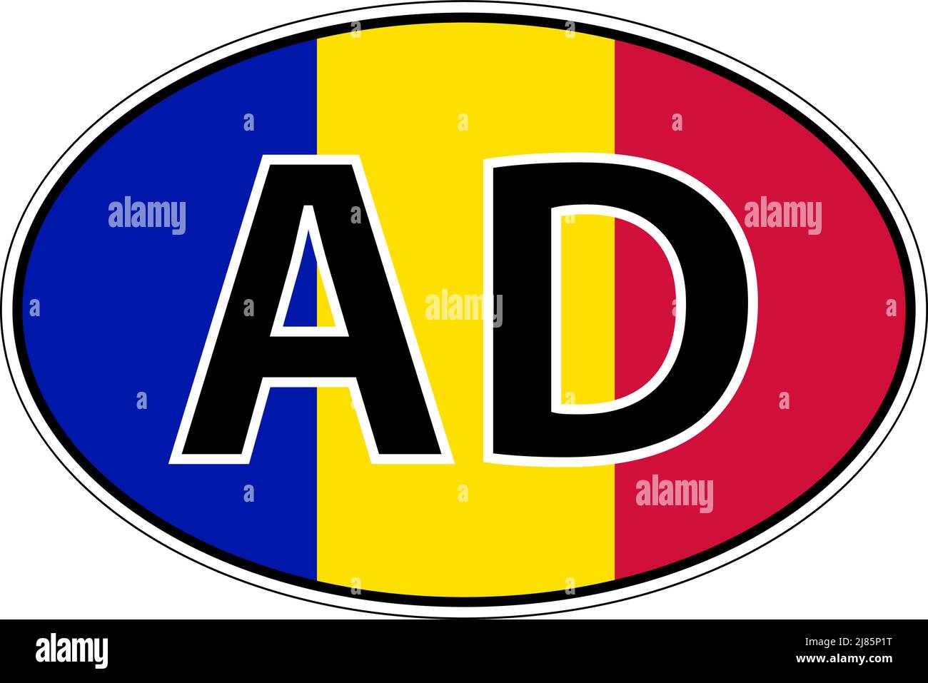 Andorra AD-Flaggenaufkleber auf dem Auto, internationales Nummernschild Stock Vektor