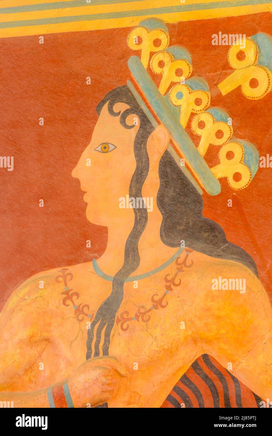 Knossos, Griechenland - 27. April 2019: Detail des Freskens im Knossos Palast auf Kreta Stockfoto