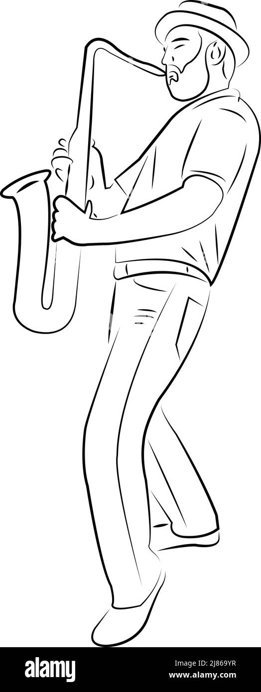 Musiker spielt Saxophon Linie Kunst Illustration - Vektor Stock Vektor