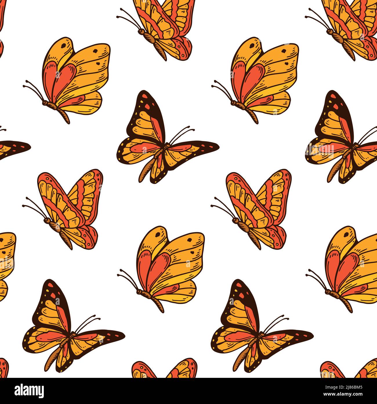 Farbenfrohes Schmetterlingsmuster im Nahtlosmuster. Sommerliches Design. Handgezeichnete Vektorgrafik Stock Vektor