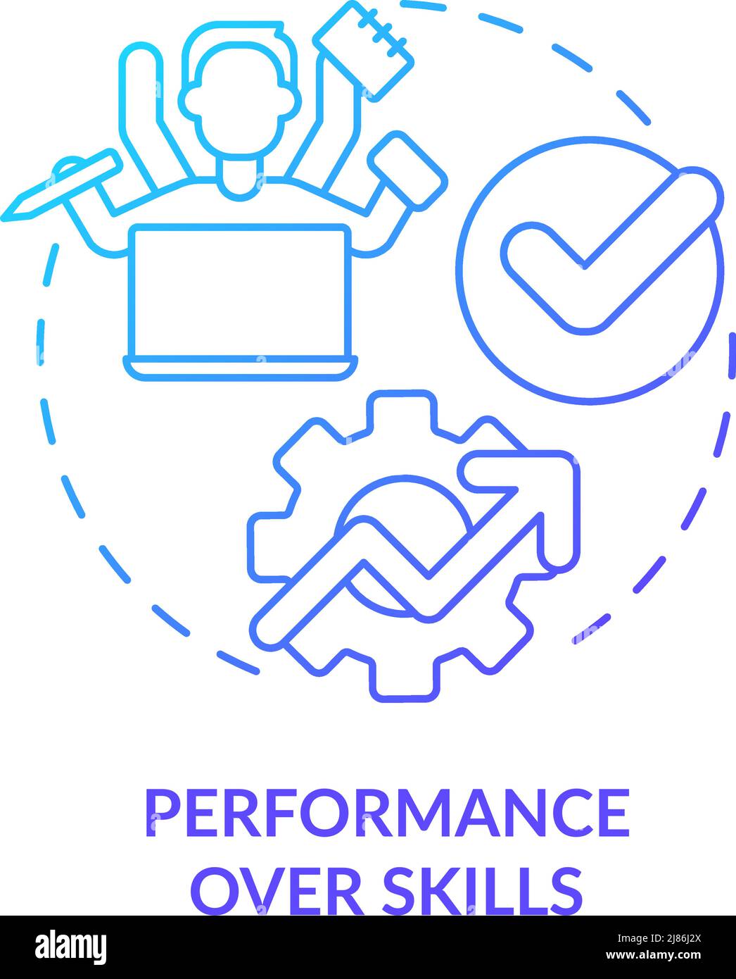 Symbol für das Konzept „Leistung über Fähigkeiten“ mit blauem Verlauf Stock Vektor