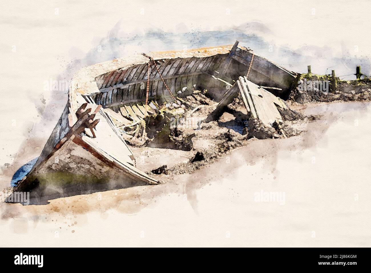 Das Wrack eines kleinen Bootes, halb im Sand begraben, Thorpness, Suffolk, England, mit zusätzlichem Wasserfarbeneffekt Stockfoto