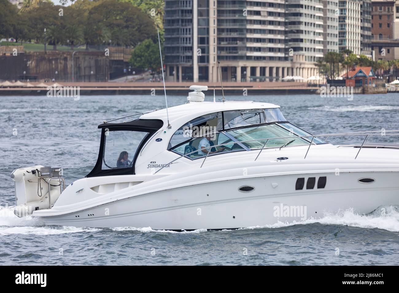 Searay 455 sundancer Motorboot auf Sydney Harbour, NSW, Australien Stockfoto