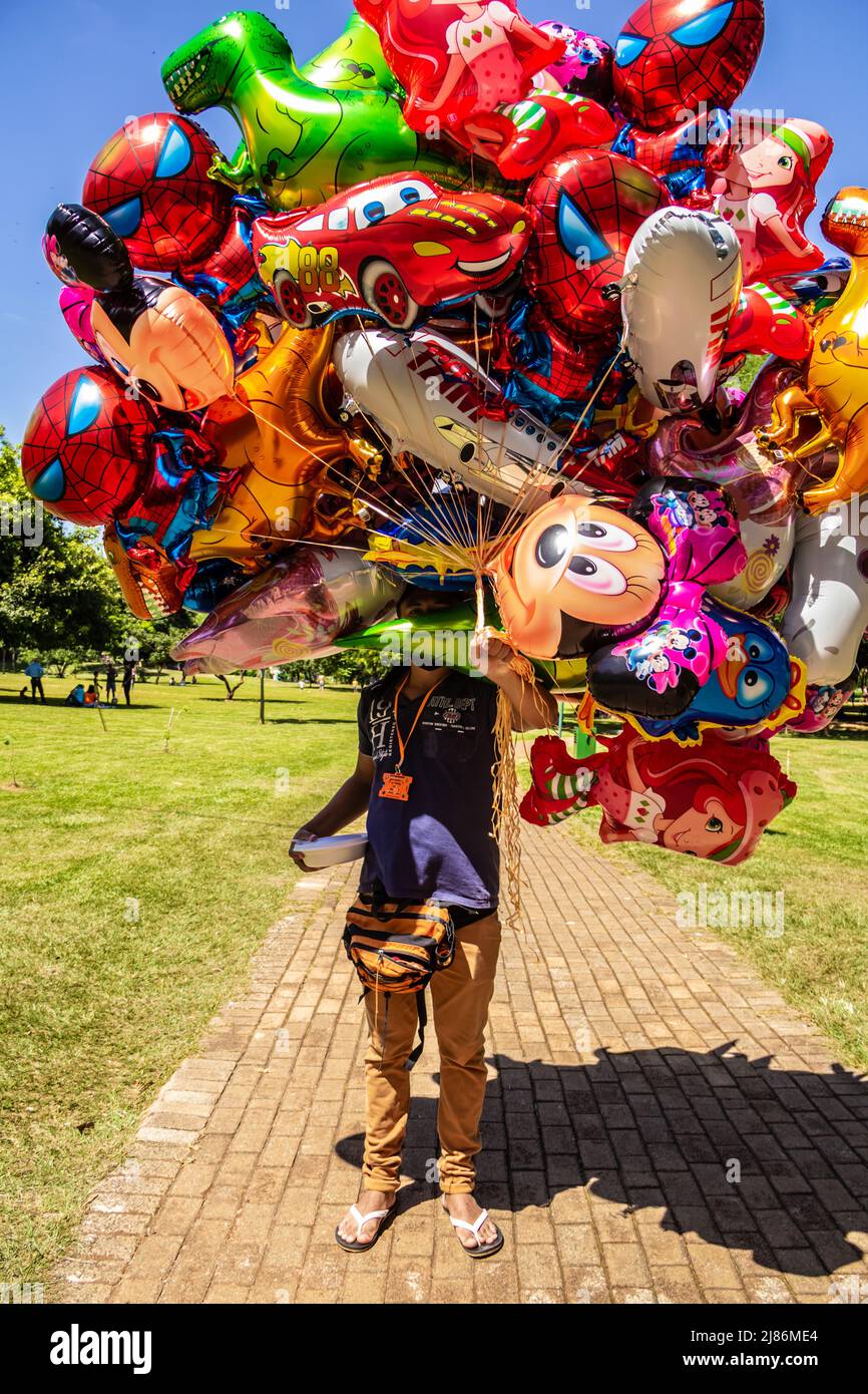 Goiânia, Goias, Brasilien – 21. April 2022: Der Ballonverkäufer in einem Park. Eine Person, die mehrere Ballons hält, die sein Gesicht verbergen. Stockfoto