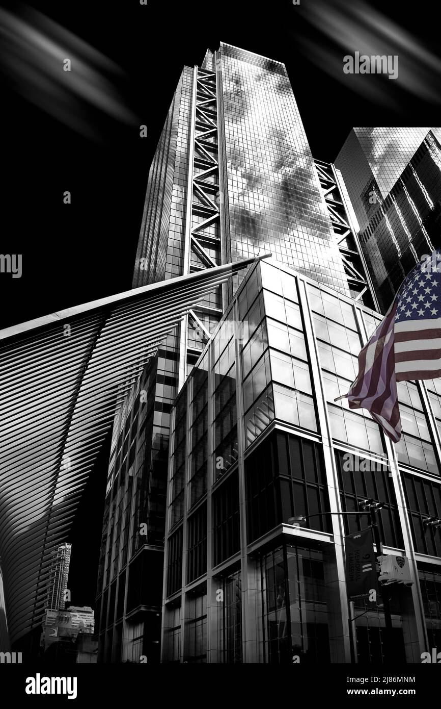 Amerika, New York City, WTC Memorial Plaza, Manhattan, Fine Art BW Stockfoto