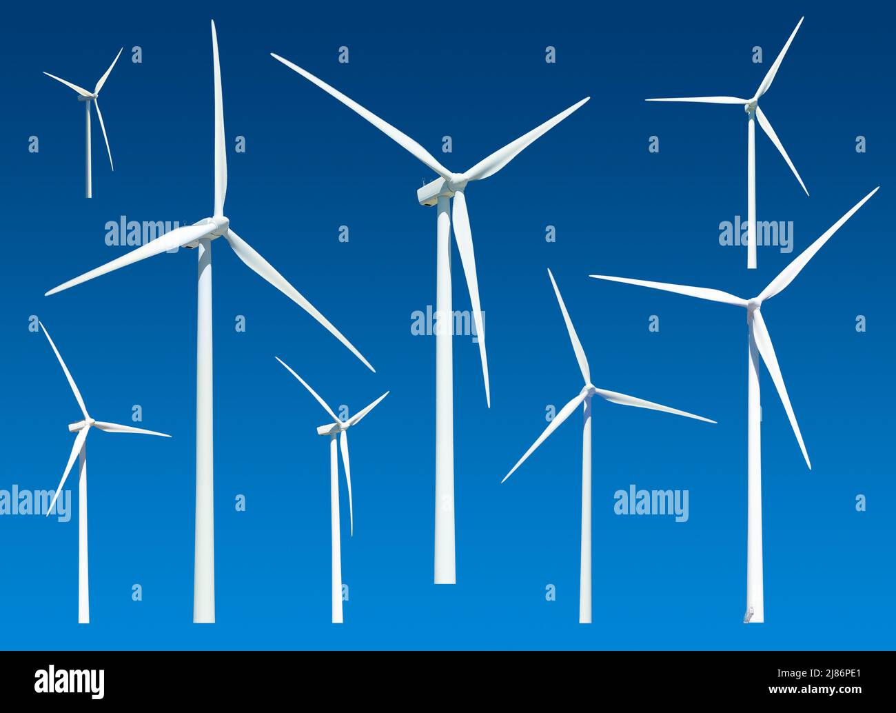 Windgeneratoren in verschiedenen Winkeln, isolierte Sammlung auf blauem Hintergrund Stockfoto