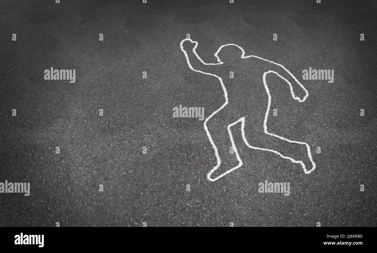 Totenkörper skizzieren als Tatort-Konzept oder Mord-Mysterium-Symbol und Arbeitsunfall als Kreidezeichnung auf dem Bürgersteig einer verstorbenen Person. Stockfoto