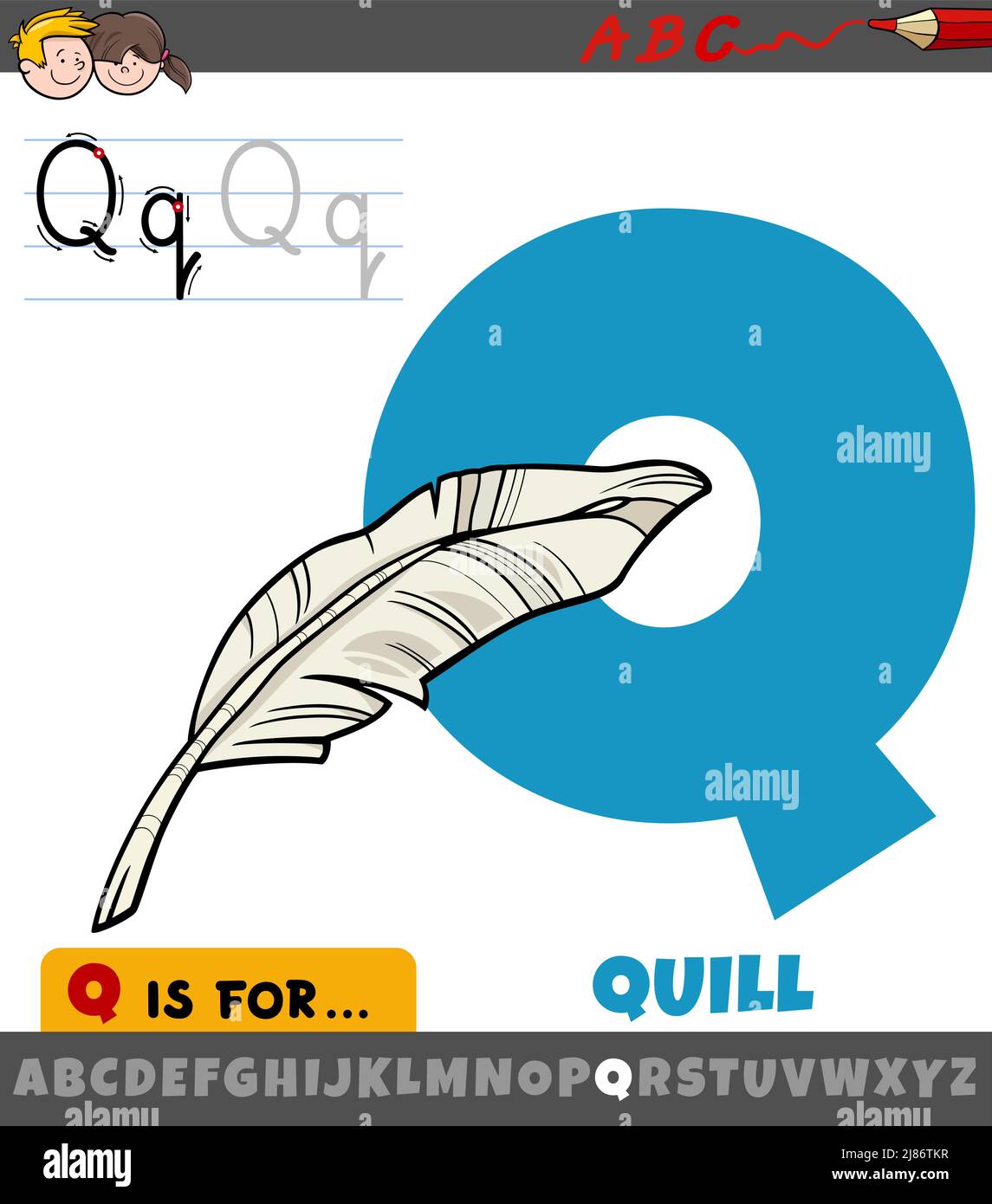 Pädagogische Karikatur Illustration des Buchstaben Q aus Alphabet mit Federkiel Stock Vektor
