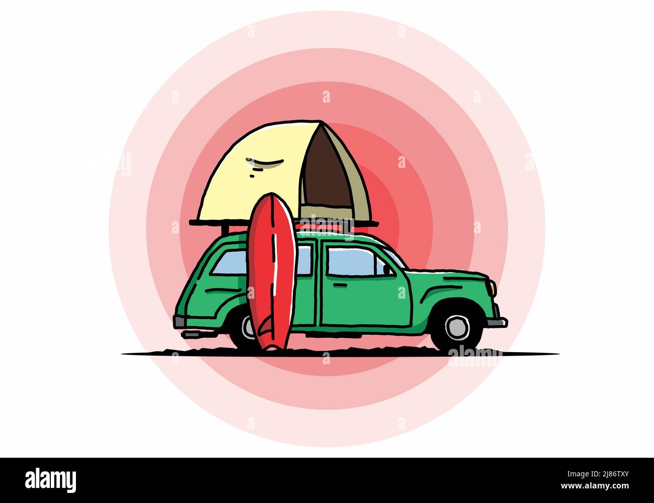 Illustration Design des Autos mit einem Dachzelt und einem Surfbrett auf der Seite Stock Vektor