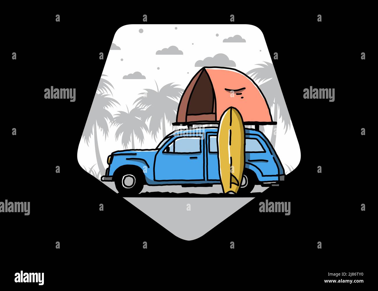 Illustration Design des Autos mit einem Dachzelt und einem Surfbrett auf der Seite Stock Vektor