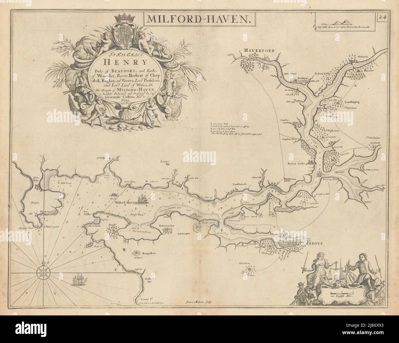 Seekarte von Milford Haven. Haverfordwest Pembrokeshire. COLLINS 1723 alte Karte Stockfoto